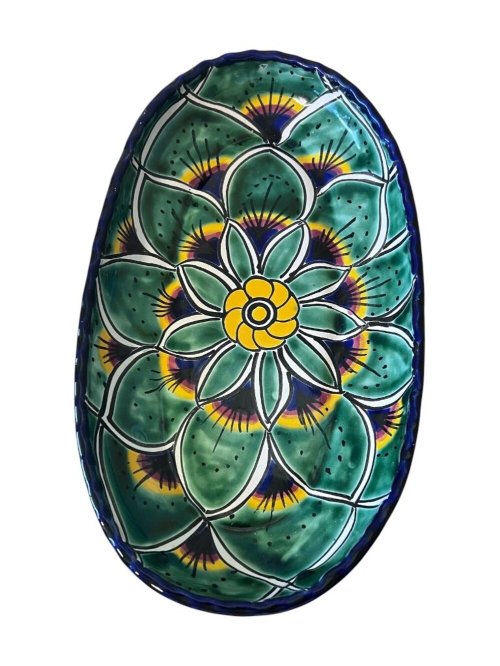 Hand Painted Mexican Pottery Oval Serving Platter Tray Lead Free Floral 14x8x2